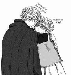Rule 34 | !, 2boys, annoyed, beard, blush, canute, cape, closed eyes, closed mouth, covered mouth, english text, eyebrows, facial hair, headband, height difference, highres, hug, looking at another, male focus, monochrome, multiple boys, prince, short hair, simple background, sweat, themy minamino, thorfinn, viking, vinland saga, white background, yaoi