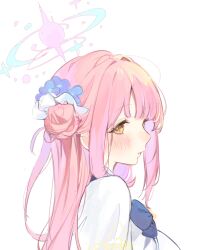 Rule 34 | 1girl, blue archive, blue bow, blue flower, blush, bow, closed mouth, flower, from side, hair bun, hair flower, hair ornament, halo, highres, long hair, mika (blue archive), orange eyes, pink hair, simple background, single side bun, solo, upper body, white background, yuita (yuita17)