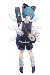Rule 34 | 1girl, absurdres, ahoge, alternate costume, black bow, black footwear, black shorts, black vest, blue eyes, blue hair, blush, bow, bowtie, buttons, cirno, collared shirt, fairy, firecracker (user kgxp3553), full body, hair between eyes, hair bow, highres, ice, ice wings, instrument case, long sleeves, open mouth, purple bow, purple bowtie, shirt, shoes, short hair, shorts, simple background, solo, touhou, vest, white background, white shirt, wings