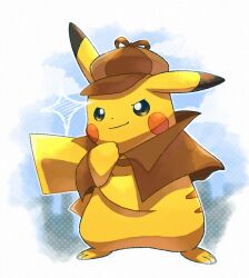Rule 34 | brown capelet, brown hat, capelet, clothed pokemon, creatures (company), detective pikachu, detective pikachu (character), detective pikachu (game), full body, game freak, gen 1 pokemon, hat, highres, nintendo, no humans, official alternate costume, pikachu, pokemon, pokemon (creature), roku (rokkrn), solo, standing, yellow fur