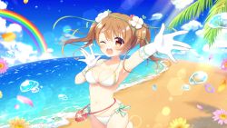 Rule 34 | 1girl, ;d, aoi yun, arm up, armpits, bag, bare shoulders, beach, blue sky, breasts, brown eyes, brown hair, cleavage, cloud, cloudy sky, collarbone, commentary request, day, floating hair, flower, gloves, groin, hair flower, hair ornament, hair ribbon, halterneck, halterneck, hand up, handbag, heart, indie virtual youtuber, large breasts, leaf, leg up, lens flare, long hair, looking at viewer, navel, ocean, official art, one eye closed, open mouth, osa nazu channel, osanai nazuna, osanai nazuna, outdoors, outstretched arm, petals, purple flower, rainbow, ribbon, sand, sky, smile, solo, strap gap, sunlight, thighs, twintails, virtual youtuber, water, white flower, white gloves