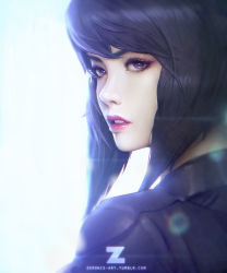 Rule 34 | 1girl, ghost in the shell, kusanagi motoko, looking at viewer, parted lips, purple hair, solo, zeronis