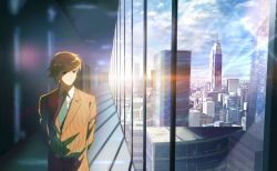 Rule 34 | 1boy, blonde hair, building, city, cityscape, formal, highres, hunter x hunter, looking to the side, luclu03, male focus, necktie, pariston hill, smile, solo, suit, window