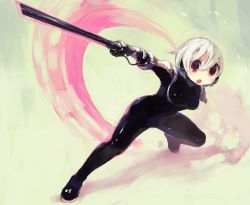 Rule 34 | 1girl, action, armor, black bodysuit, bodysuit, breasts, commentary request, full body, gauntlets, hair between eyes, holding, holding sword, holding weapon, latex, latex suit, medium breasts, no nose, open mouth, original, pauldrons, red eyes, sakamoto ahiru, shiny clothes, short hair, shoulder armor, skin tight, solo, sword, weapon, white hair
