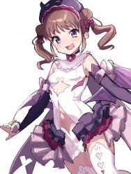 Rule 34 | 1girl, bow, breasts, brown hair, detached sleeves, double bun, dress, drooling, frilled dress, frills, hair bow, hair bun, hat, idolmaster, idolmaster cinderella girls, looking at viewer, mouth drool, munakata atsumi, open mouth, pink bow, purple eyes, purple wings, shigatsu shizuki, sidelocks, simple background, small breasts, solo, thighhighs, white background, white thighhighs, wings