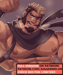 Rule 34 | 1boy, bara, bare pectorals, beard, chest harness, creatures (company), dark-skinned male, dark skin, facial hair, flexing, full beard, game freak, gen 5 pokemon, hairy, hand hair, harness, highres, humanization, juggermelon, knuckle hair, large pectorals, legendary pokemon, light brown hair, looking at viewer, male focus, mature male, multicolored hair, muscular, muscular male, nintendo, nipples, one eye closed, paid reward available, pectorals, pencil mustache, pokemon, red scarf, scarf, seductive smile, short hair, smile, solo, sparse chest hair, steaming body, sweat, terrakion, thick beard, thick eyebrows, two-tone hair, underbust, upper body