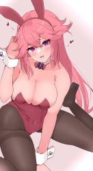Rule 34 | 1girl, animal ears, arm up, black pantyhose, blush, breasts, cleavage, collarbone, commentary request, detached collar, fake animal ears, fox ears, genshin impact, gradient background, heart, highres, large breasts, leotard, long hair, looking at viewer, open mouth, pantyhose, pink hair, playboy bunny, purple eyes, rabbit ears, shiratama (amenomurakumo0610), simple background, sitting, smile, solo, thighband pantyhose, wariza, wing collar, wrist cuffs, yae miko