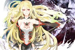 Rule 34 | 2girls, bare shoulders, blonde hair, blush, breasts, closed eyes, detached sleeves, gradient background, long hair, milla (fractured), milla maxwell, multicolored hair, multiple girls, open mouth, red eyes, skirt, sword, tales of (series), tales of xillia, tales of xillia 2, weapon