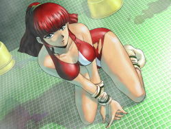 Rule 34 | 1girl, :d, aqua eyes, arm support, arm warmers, artbook, bathroom, blunt bangs, blush, board game, breasts, cleavage, covered erect nipples, crossed arms, dutch angle, from above, full body, game cg, high ponytail, hip vent, indoors, jung freud, kneeling, large breasts, leaning forward, leotard, long hair, looking at viewer, loose socks, mahjong, neon genesis evangelion: eva to yukai na nakama-tachi, nose blush, on floor, open mouth, ponytail, puddle, red hair, red leotard, sidelocks, single vertical stripe, smile, socks, solo, strip game, strip mahjong, stripping instrumentality, swimsuit, takamura kazuhiro, thighs, tile floor, tiles, top wo nerae!, washbowl, white socks