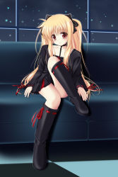 Rule 34 | 00s, 1girl, amicis, blonde hair, boots, dress, fate testarossa, highres, knee boots, long hair, lyrical nanoha, mahou shoujo lyrical nanoha, red eyes, solo, twintails