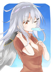 Rule 34 | 10s, 1girl, absurdres, bad anatomy, breasts, brown eyes, cleavage, collared shirt, food, gangut (kancolle), gangut dva (kancolle), grey hair, hair ornament, highres, jacket, jacket over shoulder, unworn jacket, kantai collection, long hair, long sleeves, medium breasts, military, military jacket, military uniform, one eye closed, popsicle, red shirt, senx, shirt, solo, sweat, uniform, upper body