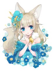 Rule 34 | 1girl, animal ear fluff, animal ears, azur lane, bare shoulders, bell, blonde hair, blue bow, blue eyes, blue flower, blue kimono, blue sash, blunt bangs, bow, breasts, cleavage, clenched hands, collar, flower, fox ears, fox tail, fur collar, hair flaps, hair flower, hair ornament, hands on own chest, highres, japanese clothes, jingle bell, kimono, long hair, long sleeves, looking at viewer, medium breasts, neck bell, niizuki (azur lane), parted lips, sash, shichijou natori, sidelocks, simple background, solo, tail, thick eyebrows, upper body, white background, wide sleeves