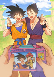 Rule 34 | 1other, 2boys, ^ ^, absurdres, age comparison, black hair, blue sky, camera, closed eyes, dougi, dragon ball, dragonball z, closed eyes, father and son, highres, holding, holding camera, male focus, multiple boys, nachos (chos na), open mouth, outdoors, pov, pov hands, sky, smile, son gohan, son goku, taking picture, wristband
