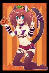 Rule 34 | 1girl, animal ears, aqua eyes, black thighhighs, breasts, cat ears, cat tail, halloween, highres, jack-o&#039;-lantern, large breasts, looking at viewer, navel, original, ribbon, solo, spazzykoneko, tail, tail ornament, tail ribbon, thighhighs