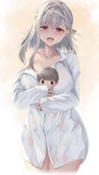 Rule 34 | 1girl, bandaged head, bandages, bare legs, blush, breasts, character doll, collared shirt, doll, dress shirt, goddess of victory: nikke, grey hair, hair between eyes, hair ribbon, he7ixmumqq8rbc9, highres, holding, holding doll, large breasts, long hair, looking at viewer, modernia (first affection) (nikke), modernia (nikke), no bra, off shoulder, official alternate costume, open mouth, red eyes, ribbon, shirt, single hair intake, smile, solo, white shirt, wing collar, yellow ribbon