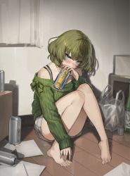Rule 34 | 1girl, absurdres, bag, bare legs, barefoot, beer can, blush, bob cut, bottle, can, covered mouth, drink can, drunk, green hair, green sweater, head tilt, highres, holding, holding can, idolmaster, idolmaster cinderella girls, indoors, knees up, looking at viewer, maenoo, off-shoulder sweater, off shoulder, on floor, papers, plastic bag, ribbed sweater, sake bottle, sitting, solo, sweater, takagaki kaede, wooden floor