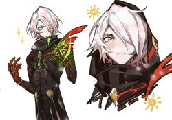 Rule 34 | 1boy, aqua eyes, blush, clenched hand, closed mouth, fate/grand order, fate (series), gloves, glowing, hair over one eye, highres, hood, hood down, hood up, karna (fate), karna (santa) (fate), looking at hand, mika winter, multicolored hair, multiple views, open hand, red gloves, red hair, simple background, snow, snowing, sparkle, veins, white background, white hair