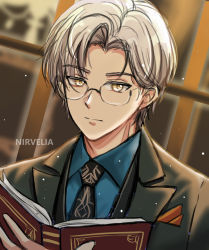 Rule 34 | 1boy, artist name, black necktie, blue shirt, book, closed mouth, formal, glasses, green jacket, highres, holding, holding book, jacket, long sleeves, looking at viewer, mole, mole under eye, necktie, nirvelia, polo shirt, shirt, short hair, solo, tears of themis, vyn richter (tears of themis), white hair, window, yellow eyes