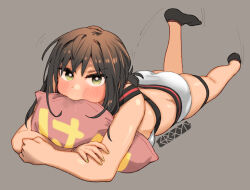 Rule 34 | 1girl, ankle socks, artist logo, artist name, ass, black socks, blush, bra, breasts, brown hair, commentary request, ergot, face in pillow, facing viewer, fubuki (kancolle), full-face blush, green eyes, grey background, hair between eyes, kantai collection, kicking, leg up, looking at viewer, low ponytail, lying, medium breasts, medium hair, motion lines, hugging object, on stomach, panties, pillow, pillow hug, saliva, sidelocks, simple background, socks, solo, thigh strap, underwear, underwear only, white bra, white panties