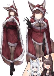 absurdres akagi_(azur_lane) amagi_(azur_lane) animal_ears azur_lane black_gloves bodystocking boots breasts christmas cleavage closed_eyes closed_mouth dress fox_ears fur-trimmed_dress fur-trimmed_headwear fur_trim gloves happy hat highres kaga_(azur_lane) large_breasts red_hat samip santa_boots santa_costume santa_hat simple_background smile thumbs_up white_background