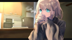 Rule 34 | 1girl, aqua eyes, black sweater, covered mouth, cup, cupboard, drinking, e nnihql, grey hair, highres, idolmaster, idolmaster shiny colors, indoors, kitchen, letterboxed, long sleeves, looking at viewer, medium hair, microwave, mug, serizawa asahi, solo, steam, sweater, upper body