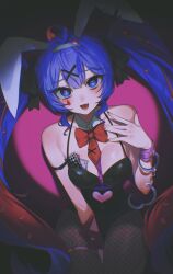 Rule 34 | 1girl, ahoge, animal ears, arm between legs, bare shoulders, between breasts, black ribbon, blue eyes, blue hair, blush, bow, bowtie, breasts, card, cleavage, clothing cutout, collar, colored inner hair, cuffs, cutout above navel, facial mark, fake animal ears, fang, fishnet pantyhose, fishnets, from above, hair between eyes, hair ornament, hair ribbon, handcuff dangle, handcuffs, hatsune miku, heart, heart-shaped pupils, heart cutout, highres, leotard, light smile, long hair, looking at viewer, lower teeth only, medium breasts, multicolored hair, nail polish, necktie, open mouth, pantyhose, pink background, pink hair, pink pupils, playboy bunny, rabbit ears, rabbit hair ornament, rabbit hole (vocaloid), red bow, red bowtie, red nails, red necktie, relen, ribbon, sitting, skin fang, sleeveless, symbol-shaped pupils, teardrop facial mark, teeth, thighlet, twintails, vocaloid, white collar, x hair ornament