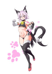 Rule 34 | 1girl, absurdres, animal ears, arm belt, bandaged arm, bandages, black gloves, black panties, black thighhighs, blush, breasts, cat ears, cat tail, covered erect nipples, crop top, facial scar, fate/apocrypha, fate/grand order, fate (series), fingerless gloves, full body, gloves, green eyes, hair between eyes, heart, heart-shaped pupils, highres, jack the ripper (fate/apocrypha), licking lips, looking at viewer, lowleg, lowleg panties, miji doujing daile, navel, open mouth, panties, paw pose, scar, scar across eye, scar on cheek, scar on face, short hair, shoulder tattoo, simple background, single glove, small breasts, smile, solo, symbol-shaped pupils, tail, tattoo, thighhighs, tongue, tongue out, underwear, white background, white hair