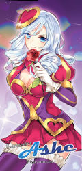Rule 34 | 1girl, ashe (league of legends), blue eyes, breasts, character name, cleavage, cleavage cutout, clothing cutout, cowboy shot, drill hair, flower, hair ornament, heart, heartseeker ashe, joypyonn, league of legends, long hair, looking at viewer, purple thighhighs, rose, smile, solo, thighhighs, watermark, web address, white hair