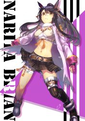 Rule 34 | 1girl, :/, abs, animal ears, asymmetrical footwear, bandaged leg, bandages, bandaid, bandaid on face, bandaid on nose, black footwear, black hair, black skirt, blunt bangs, boots, breasts, character name, clenched hands, closed mouth, commentary request, crop top, drop shadow, fingerless gloves, full body, fur collar, gloves, groin, hair between eyes, hair ornament, highres, horse ears, horse girl, horse tail, jacket, knee boots, large breasts, long hair, looking at viewer, midriff, mismatched footwear, narita brian (umamusume), navel, open clothes, open jacket, ozu (zii), partial commentary, pink jacket, plaid, plaid skirt, pleated skirt, ponytail, purple gloves, rope, sarashi, shadow, shimenawa, sidelocks, signature, single knee boot, single thigh boot, skirt, solo, standing, star (symbol), tail, thigh boots, thighhighs, torn clothes, torn jacket, umamusume, underbust, white background, yellow eyes