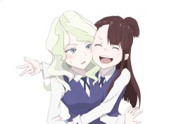 Rule 34 | blonde hair, blue eyes, brown hair, couple, diana cavendish, closed eyes, happy, kagari atsuko, little witch academia, long hair, looking at another, luna nova school uniform, multicolored hair, numberg, open mouth, school uniform, simple background, smile, surprised, two-tone hair, uniform, wavy hair, white background, yuri