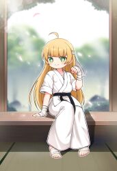 Rule 34 | 1girl, ahoge, bandaged arm, bandages, belt, black belt, blonde hair, blurry, blurry background, bright pupils, chinese commentary, closed mouth, commentary request, dougi, full body, green eyes, highres, kuma-bound, lens flare, long hair, looking at viewer, martial arts belt, original, pants, sitting, smile, solo, toes, white pants, white pupils