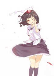 Rule 34 | 1girl, arm behind back, arm up, black hair, black skirt, black socks, contrapposto, cowboy shot, cropped legs, feet out of frame, hair blowing, hand on own face, hat, head tilt, highres, kanpa (campagne 9), kneehighs, looking at viewer, one eye closed, open mouth, parted lips, petals, petticoat, pointy ears, pom pom (clothes), puffy short sleeves, puffy sleeves, red eyes, red hat, shameimaru aya, shirt, short hair, short sleeves, simple background, skirt, socks, solo, standing, tokin hat, touhou, white background, white shirt, wind, wind lift