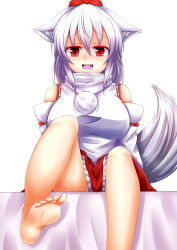 Rule 34 | 1girl, absurdres, animal ears, bare shoulders, barefoot, bed, blush, breasts, detached sleeves, fang, feet, hat, highres, inubashiri momiji, large breasts, looking at viewer, naughty face, oohirakeisuke, open mouth, pom pom (clothes), red eyes, short hair, silver hair, simple background, sitting, solo, tail, tokin hat, touhou, white background, wolf ears, wolf tail