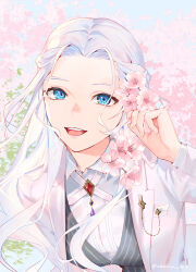 Rule 34 | 1girl, :d, alternate costume, blue eyes, cherry blossoms, collared shirt, commentary, day, final fantasy, final fantasy xiv, flower, gem, hair flower, hair ornament, half updo, hand up, jacket, lapel pin, long hair, long sleeves, looking at viewer, open mouth, outdoors, red gemstone, shirt, signature, smile, solo, striped clothes, striped vest, symbol-only commentary, tk (tksnim), twitter username, upper body, venat (ff14), vest, white hair, white jacket, white shirt
