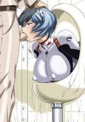 Rule 34 | 1boy, 1girl, ayanami rei, bathroom, blue hair, blush, breasts, censored, covered erect nipples, fellatio, hand on head, head out of frame, hetero, highres, hinokawa jun, indoors, large breasts, mosaic censoring, neon genesis evangelion, oral, penis, plugsuit, red eyes, short hair, solo focus, standing, sweat, through wall, unzipped, upper body, what