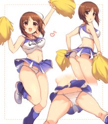 Rule 34 | 10s, 1girl, :d, :o, ass, bare arms, bare shoulders, blue socks, blush, bouncing breasts, breasts, brown eyes, brown hair, cheerleader, commentary request, crop top, dotted line, from behind, from below, girls und panzer, gluteal fold, highres, holding, icomochi, kneehighs, leg up, legs apart, looking at viewer, looking back, medium breasts, miniskirt, mtu virus, multiple views, navel, nishizumi miho, open mouth, panties, pantyshot, parted lips, pom pom (cheerleading), purple skirt, shiny skin, shoes, simple background, skirt, sleeveless, smile, sneakers, socks, spread legs, standing, standing on one leg, tareme, thighs, underwear, upskirt, white background, white footwear, white panties, wide hips