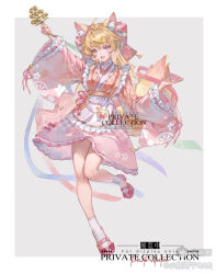 1girl :d absurdres animal_ear_fluff animal_ears ankle_socks apron bell blonde_hair border cherry_blossom_print commission dress fangs floral_print fox_ears fox_girl fox_tail frilled_apron frilled_sleeves frills full_body grey_background hands_up highres holding holding_bell leg_up long_hair looking_at_viewer maid mary_janes open_mouth original outside_border pink_dress pink_footwear purple_eyes shoes short_dress skin_fangs smile socks standing standing_on_one_leg tail very_long_hair wa_maid watermark white_apron white_border white_socks wide_sleeves xiao_xiong_binggan yellow_tail