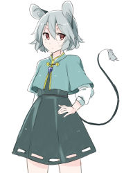 Rule 34 | 1girl, akagashi hagane, animal ears, bad id, bad pixiv id, capelet, grey hair, hand on own hip, jewelry, mouse (animal), mouse ears, mouse tail, nazrin, pendant, red eyes, short hair, simple background, skirt, solo, tail, touhou, white background