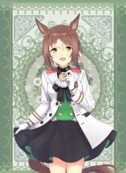 Rule 34 | 1girl, :d, animal ears, black skirt, brown hair, clothes lift, clover, clover hair ornament, cowboy shot, fine motion (umamusume), gloves, green eyes, hair between eyes, hair bun, hair ornament, hair ribbon, highres, horse ears, horse girl, horse tail, jacket, kuon kimi, lifting own clothes, looking at viewer, multicolored hair, open mouth, ribbon, single hair bun, skirt, skirt lift, smile, solo, tail, two-tone hair, umamusume, white gloves, white hair, white jacket