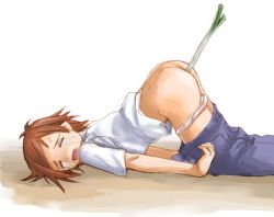 Rule 34 | 1girl, anal, anal object insertion, ass, brown hair, clothes pull, closed eyes, freckles, kasuga yukihito, mahou sensei negima!, murakami natsumi, negi suppository, object insertion, panties, pants, pants pull, panty pull, short hair, solo, spring onion, tears, top-down bottom-up, underwear