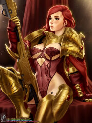 Rule 34 | 1girl, adeptus custodes, armor, armored boots, artist name, boots, bra, breasts, cleavage, closed mouth, gauntlets, gold armor, green eyes, highres, holding, holding polearm, holding weapon, imperium of man, lingerie, lips, long hair, medium breasts, navel, pauldrons, polearm, power armor, red bra, red curtains, red hair, shoulder armor, sitting, solo, space marine, stomach, themaestronoob, underwear, warhammer 40k, watermark, weapon, web address