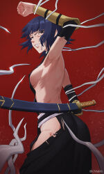 Rule 34 | 1girl, arm guards, arm up, armpits, back, backless outfit, bleach, blood, blue hair, blunt bangs, breasts, chilakkk, cowboy shot, detached sleeves, grey eyes, highres, hip vent, japanese clothes, katana, large breasts, looking at viewer, medium hair, red background, sash, shadow, sheath, sheathed, sideboob, sideless outfit, sidelocks, solo, sui-feng, sword, teeth, torn clothes, twitter username, v-shaped eyebrows, weapon