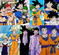 Rule 34 | 1girl, 2boys, age progression, arm around neck, black eyes, black hair, black suit, blonde hair, blue wristband, cape, chi-chi (dragon ball), child, crossed arms, dragon ball, dragonball z, father and son, formal, glasses, green eyes, hand on another&#039;s shoulder, hand on shoulder, happy, hugging each other, multiple boys, muscular, muscular arms, muscular male, necktie, open mouth, photos, red wristband, short hair, smile, son gohan, son goku, spiked hair, suit, super saiyan, super saiyan 1, tagme, toriyama akira, white cape, white suit, wristband