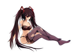 Rule 34 | 1girl, bandages, black hair, bra, breasts, dark persona, eva200499, garter straps, hair ornament, highres, lace, lace-trimmed bra, lace-trimmed legwear, lace trim, lingerie, long hair, red eyes, simple background, sitting, solo, thighhighs, torn clothes, torn thighhighs, twintails, underwear, underwear only, very long hair, vocaloid, zatsune miku