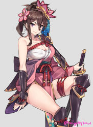 Rule 34 | &gt;:), 1girl, arm guards, armor, artist name, bandages, bare shoulders, black sash, breasts, brown hair, cleavage, clothes between thighs, dragalia lost, feet out of frame, flower, ge-b, greaves, grey background, hair between eyes, hair flower, hair ornament, holding, holding sword, holding weapon, invisible chair, japanese clothes, katana, kimono, large breasts, long sleeves, looking at viewer, obi, pelvic curtain, pink flower, pink kimono, ponytail, purple eyes, reverse grip, sarashi, sash, scabbard, sheath, sheathed, short hair, shoulder armor, sidelocks, sitting, skindentation, smile, solo, sword, thigh strap, thighs, twitter username, v-shaped eyebrows, weapon, wide sleeves, yachiyo (dragalia lost)
