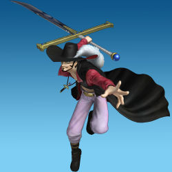 Rule 34 | 1boy, 3d, abs, absurdres, attack, belt, blue background, boots, dracule mihawk, facial hair, full body, gradient background, hat, hat feather, highres, holding, holding sword, holding weapon, jumping, male focus, muscular, mustache, official art, one piece, one piece: pirate warriors, open clothes, open shirt, serious, shaded face, shirt, simple background, solo, standing, sword, weapon, yoru (one piece)
