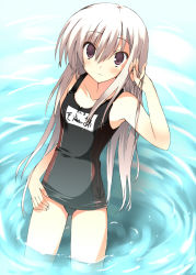 Rule 34 | 1girl, black one-piece swimsuit, blonde hair, brown eyes, female focus, flat chest, highres, kuwashima rein, one-piece swimsuit, pixiv fantasia, pixiv fantasia 4, school swimsuit, solo, submerged, swimsuit, wading, water