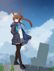 Rule 34 | 1girl, amiya (arknights), animal ears, anklet, aqua eyes, arknights, ascot, black pantyhose, blue jacket, brown hair, building, cloud, frilled ascot, frilled skirt, frills, full body, hair between eyes, hand in pocket, highres, hood, hood down, hoodie, jacket, jewelry, looking to the side, multico, pantyhose, parted lips, plaid, pleated skirt, ponytail, rabbit ears, rabbit girl, scrunchie, shoes, sidelocks, skirt, sky, smile, sneakers, solo, standing, thigh strap
