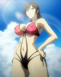 Rule 34 | 1girl, absurdres, bikini, breasts, brown eyes, brown hair, cleavage, cloud, earrings, covered erect nipples, freezing (series), hand on own hip, highres, jewelry, kim yumi, large breasts, navel, short hair, sky, solo, standing, stitched, summer, swimsuit, third-party edit