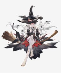 Rule 34 | 1girl, bird, black cat, blush, bow, broom, broom riding, cat, criin (659503), flower, hair bow, hair ornament, hat, highres, hyrja (iron saga), iron saga, long hair, looking at viewer, official art, one eye closed, pantyhose, red eyes, rose, simple background, solo, white background, white flower, white hair, white pantyhose, white rose, witch